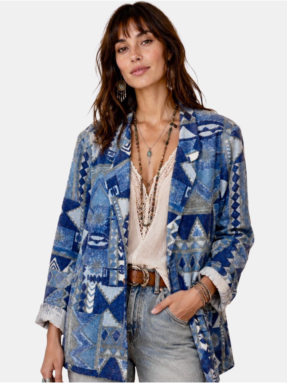 Paquette Byer California Blue Boho Geometric Print Blazer Jacket, Relaxed Fit, L